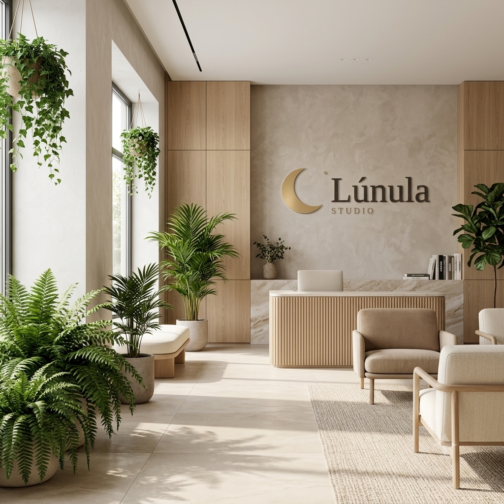 Recepción de la oficina de Lúnula Studio en Barcelona, con el logotipo en la pared y mobiliario en tonos claros